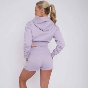 Women's Lavender Hooded Cropped Sweatshirt <b>Set</b> With <b>Shorts</b> Solid Color Casual Sportswear Full Sleeve Fleece Material spring wear - Product Image 4
