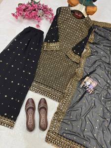 Elegant Beautiful Designer Georgette Kurti Palazzo Dupatta Set Ethnic Wear Latest Ethnic Outfit for Women Wedding or Festivewear - Product Image 4