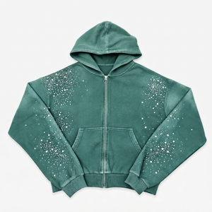 Sudadera con capucha verde para hombre, con cremallera, efecto desgastado, estampado, estilo urbano. - Product Image 1