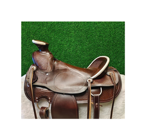 Silla de montar western de cuero marrón para cuerda con conchos de diseño floral tallado y juego de arreos, de 10 a 18 pulgadas - Product Image 2