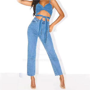 Pantalones Vaqueros Casuales de Moda para Mujer, Transpirables, de Cintura Alta, Material Elástico Suave, Suministro de Fábrica, Servicio de Logotipo Personalizado - Product Image 1