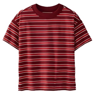 T-shirt décontracté pour homme en tricot à manches courtes, col rond, rayures blanches et bordeaux, 100% coton, confortable et élégant - Product Image 1