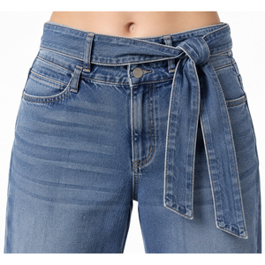 Jean en denim pour femme taille mi-haute à jambe large avec ceinture détachable – Bleu vintage coupe décontractée XL délavé foncé - Product Image 4