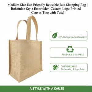 Sac de courses en jute réutilisable, écologique, taille moyenne |   Sac fourre-tout en toile brodé style bohème avec logo personnalisé imprimé et pompon - Product Image 5