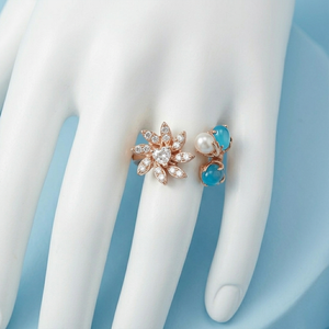 New Arrival Trendy Rose Gold Plated Pearl Diamond <b>Ring</b> Rose Gold <b>Open</b> Cuff <b>Ring</b> Floral CZ with Blue Gemstone and Pearl - Product Image 2