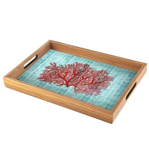 Plateau de service en bois imprimé feuilles de corail rouge et de couleur turquoise, plateau décoratif rectangulaire artisanal en gros pour commande en gros - Product Image 6