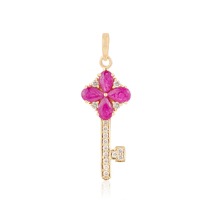 Pendentif clé en or jaune 14 carats original, serti d'un rubis et d'un diamant de 1 carat, design unique fait main, pour femmes, vente en gros de bijoux sur mesure. - Product Image 1