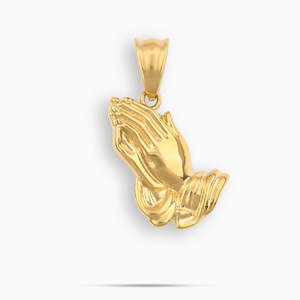 Collar con Colgante de Manos en Oración Doradas |   Amuleto de Manos en Oración Pulido |   Joyería Religiosa Cristiana de Acero Inoxidable - Product Image 1
