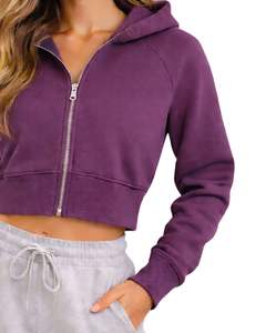 Sudadera con capucha corta con cremallera para mujer, de manga larga, informal, de forro polar suave, estilo urbano, color morado ciruela, tendencia de moda otoño-invierno - Product Image 4