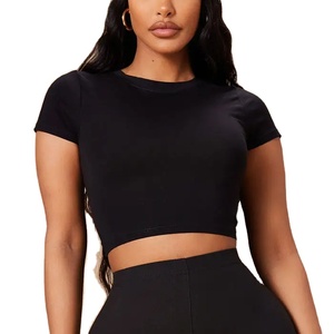 OEM venta al por mayor logotipo personalizado mujeres sólido impresión Camiseta corta mujer negro acanalado crop tops camisetas sexy de punto tubo camisetas mujeres - Product Image 1