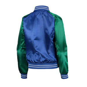 แจ็คเก็ตบอมเบอร์ผ้าซาตินคุณภาพสูงแบบยูนิเซ็กซ์ สีเขียวน้ำเงินตัดกัน แจ็คเก็ตเบสบอลวาร์ซิตี้แบบมันเงา แต่งแถบยางยืดเนื้อนุ่ม - Product Image 5