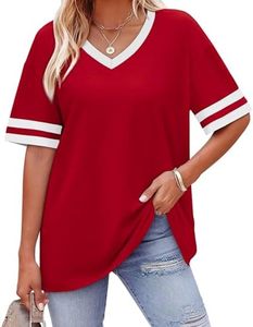 Camiseta de Mujer Roja con Cuello en V, Manga Corta, Tejida, Color Sólido, Corte Holgado, Casual, con Ribete a Rayas, Estilo Primavera-Verano 2026 - Product Image 4