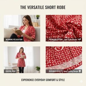 Robe de Nuit Courte de Luxe en Coton Tissé à la Main Rouge à Motifs Floraux, Col en V, Manches Longues, pour Femme - Vente en Gros - Product Image 6