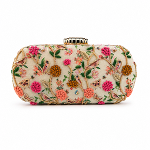 Printed Floral Embroidered Clutch Bag for Women Party Purse Bridal Wedding Handbag with Unique <b>Frame</b> Design and Sling Chain - Product Image 1