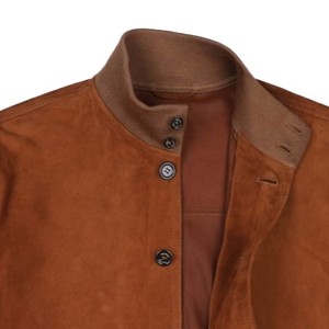 Men's Brown <b>Suede</b> <b>Bomber</b> <b>Jacket</b> Stand Collar Button Closure Casual Autumn Wear Regular Fit Solid Color Sample Available - Product Image 2