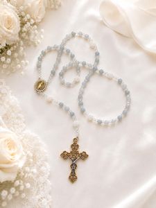 Collier chapelet moderne avec perles de verre et croix, motif floral, idéal pour Noël – Meilleure vente - Product Image 3