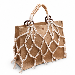 Bolso de Yute Ecológico con Encaje de Macramé Decorativo y Asas de Algodón, Bolso Tote Reutilizable y Elegante para Mujer - Product Image 3