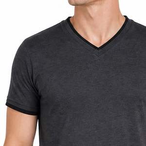T-shirt personnalisé pour homme, gris foncé, col en V, bordure contrastante noire, coupe ajustée, décontracté, basique, vente en gros, OEM, manches courtes - Product Image 3