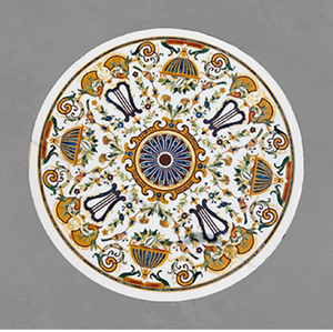 White decorative <b>marble</b> <b>table</b> <b>top</b> features red floral motif and carved rim, <b>marble</b> bone inlay <b>table</b> <b>top</b> available at wholesale - Product Image 2