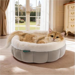 Cat Beds for Indoor Cats, Washable Round Cat Bed, Cute Kitten Bed with Anti-Slip Bottom for Kitty and Puppy, 18 Inches, Goat - Product Image 1