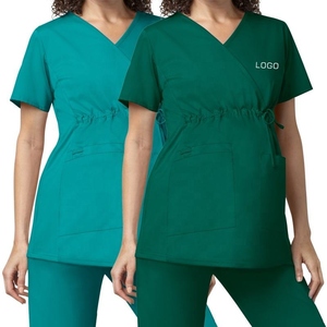 Tops de travail pour femmes à col en V avec cordon de serrage à la taille, bleu, mélange polyester-coton, uniformes d'hôpital pour infirmières - Product Image 4