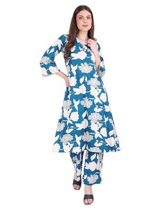 Conjunto de Kurti con Estampado Floral Azul SAZU para Mujer, Kurta Elegante de Corte A con Pantalones Anchos a Juego, Conjunto Étnico Cómodo - Product Image 5