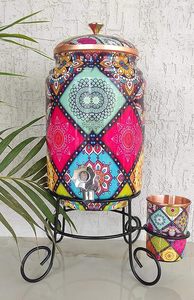 Distributeur d'eau en cuivre à motif mandala coloré avec couvercle et ensemble de tasses assorties - Product Image 4