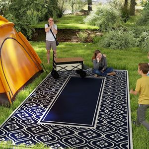 Tappeto da Esterno Intrecciato in PP PVC 18FT X 9FT con Bordo a Zucca Blu e Bianco e Borsa per il Trasporto - Product Image 2