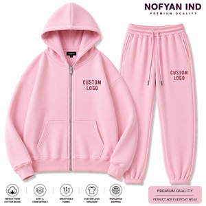 ชุดเซ็ตแทรคสูทสไตล์ฮิปฮอป NOFYAN IND ผ้าเฟรนช์เทอร์รี่แบบกำหนดเอง เป็นมิตรกับสิ่งแวดล้อม สีชมพู เสื้อฮู้ดดี้ กางเกงจ็อกเกอร์ มีกระเป๋าหน้า ระบายอากาศได้ดี สวมใส่สบาย - Product Image 1