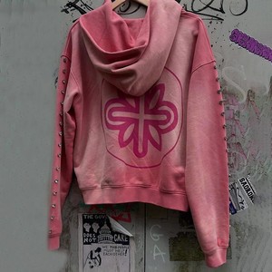 Hoodie court rose avec détails en strass, imprimé graphique, style streetwear, coupe ample unisexe, vêtement d'automne - Product Image 4