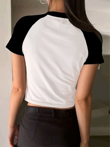Camiseta Corta de Verano para Mujer, Estampado Floral, Cuello Redondo, Corte Ajustado, Informal, Transpirable, Tejido de Punto, Spandex, Poliéster - Product Image 3