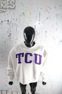 TCU ASH GREY <b>Mock</b> <b>Neck</b> Sweatshirt 100% PURPLE Applique Embroidery wide <b>neck</b> Sweatshirt Finer Threads - Product Image 5