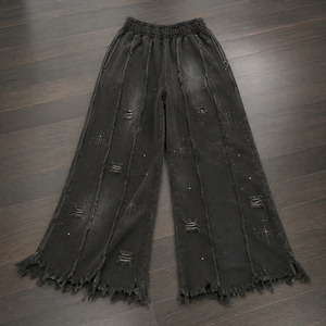 Custom Washed Wide Leg Sweatpants Unisex Casual <b>Loose</b> Fit <b>Jogger</b> Pants with Rhinestone Star Details Distressed Hem - Product Image 6