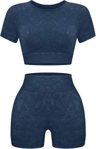 ชุดออกกำลังกายผู้หญิง OLCHEE แบบ 2 ชิ้น - ชุดโยคะไร้รอยต่อแบบย้อมสีเอซิด กางเกงขาสั้นและเสื้อครอปท็อปเข้าชุด ชุดออกกำลังกายสำหรับเล่นกีฬา - Product Image 4