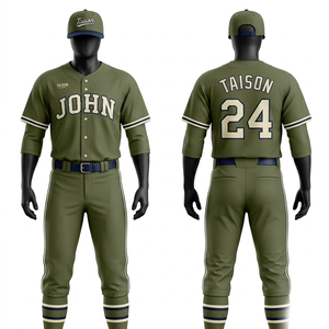 Premium 180 GSM Polyester Interlock <b>Baseball</b> Uniform Olive Green Piping Panels Custom Sublimation Embroidery - Product Image 1