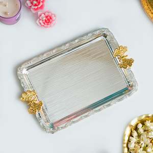 Plateau de service rectangulaire en métal argenté avec poignées papillon dorées, plateau de luxe pour les mariages, l'hôtellerie et la décoration de la maison - Product Image 5
