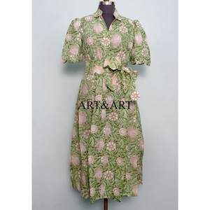 Fashionable Vintage Sweet Summer <b>Dress</b> 100% Cotton Floral Printed Short Sleeves V-Neck <b>Women</b> Casual Formal Occasion A-Line Midi - Product Image 1