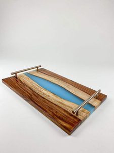 Bespoke Burl Wood Navy Blue <b>Epoxy</b> Resin Serving Tray Rose Gold Handles Luxury Charcuterie Board Decorative Kitchen - Product Image 3