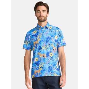 Chemise de golf pour homme à manches courtes en polyester/coton, imprimé floral bleu, décontractée, respirante, coupe régulière, tricotée, 180g - Product Image 1