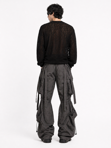 Pantalones Cargo Tácticos Negros para Hombre, Pantalones Utilitarios con Múltiples Correas, Detalle de Cordón Ajustable, Estilo Urbano, Corte Relajado - Product Image 3