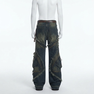 Pantalon cargo en jean déchiré taille haute pour homme, coupe ample, style streetwear patchwork délavé, collection automne - Product Image 2