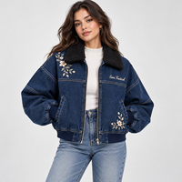 Veste en jean pour femme Sam Tactical avec broderie florale, col en fourrure, manches bouffantes, fermeture éclair, style trucker, prix abordable, personnalisation OEM