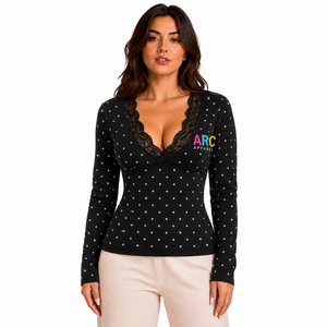 Blusa de mujer con encaje y patchwork, cuello en V, chaqueta de sudadera 100% algodón, manga larga, con pedrería, estilo urbano para invierno y otoño - Product Image 1