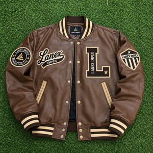 Custom Brown Varsity Letterman <b>Jacket</b> <b>Men</b> PU <b>Leather</b> Baseball College Front Embroidered Chenille Patch Bomber <b>Jacket</b> OEM Bulk - Product Image 6