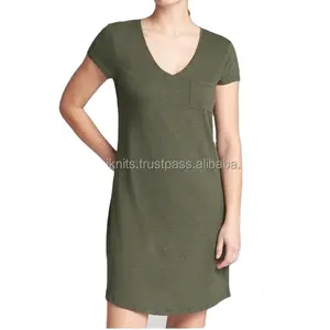 Women's Cotton modal V-neck t shirt dress with pocket Lady Comfortable night shirt