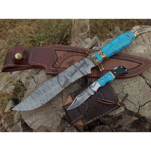 Nouveau Couteau Bowie à Lame Fixe en Acier Damas, Couteau de Chasse de Collection à Tranchant Affûté, Couteau de Survie avec Pierre Bleue et Manche en Laiton - Product Image 1