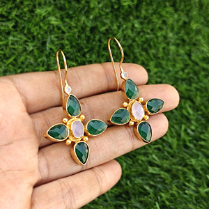 Modern female jewelry emerald quartz with pink chalcedony dangle <b>earring</b> tiny cz accent 18k gold plated designer women <b>earrings</b> - Product Image 4