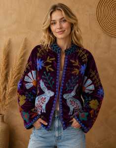 Chaqueta de Mujer con Motivos de Conejitos, Bordado Floral Intrincado, Inspirada en el Arte Folclórico, Elegancia Bohemia, Blazer de Invierno, Abrigo Boho para Dama - Product Image 1