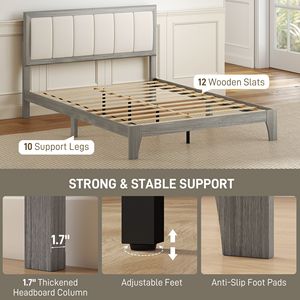 Letto a piattaforma illuminato a grandezza naturale con doghe in legno, facile da montare, stile legno MDF grigio, non richiede rete a molle - Product Image 6