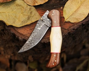 Cuchillo Plegable de Acero de Damasco con Bloqueo Interno, Mango de Hueso y Madera, Funda de Cuero, Cuchillo de Bolsillo EDC para Caza y Camping, Personalizado OEM - Product Image 3